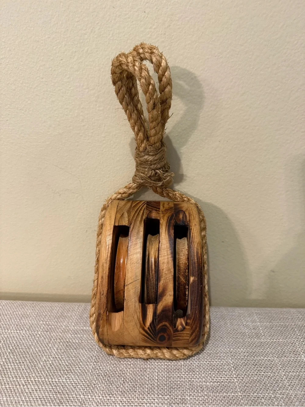 Vintage Wood Triple Sheave Pulley Block Nautical Decor⁠